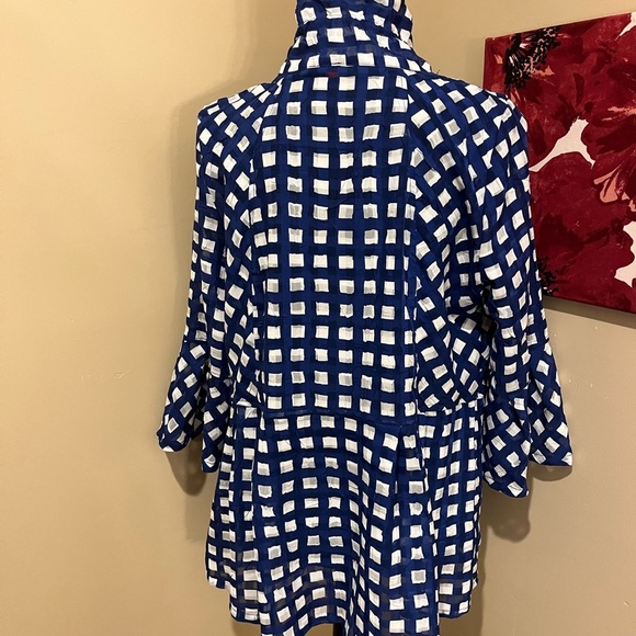 IC BY CONNIE K Sheer Subtle Navy, White Checkered Ruffle Collar Jacket Top - Picture 2 of 9